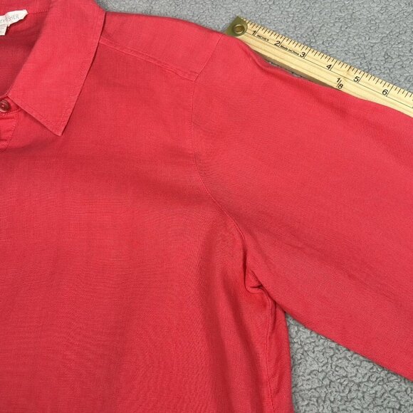 Eileen Fisher Linen Top S Coral Button Up Asymmetrical Hem Organic Irish Linen - Picture 8 of 11